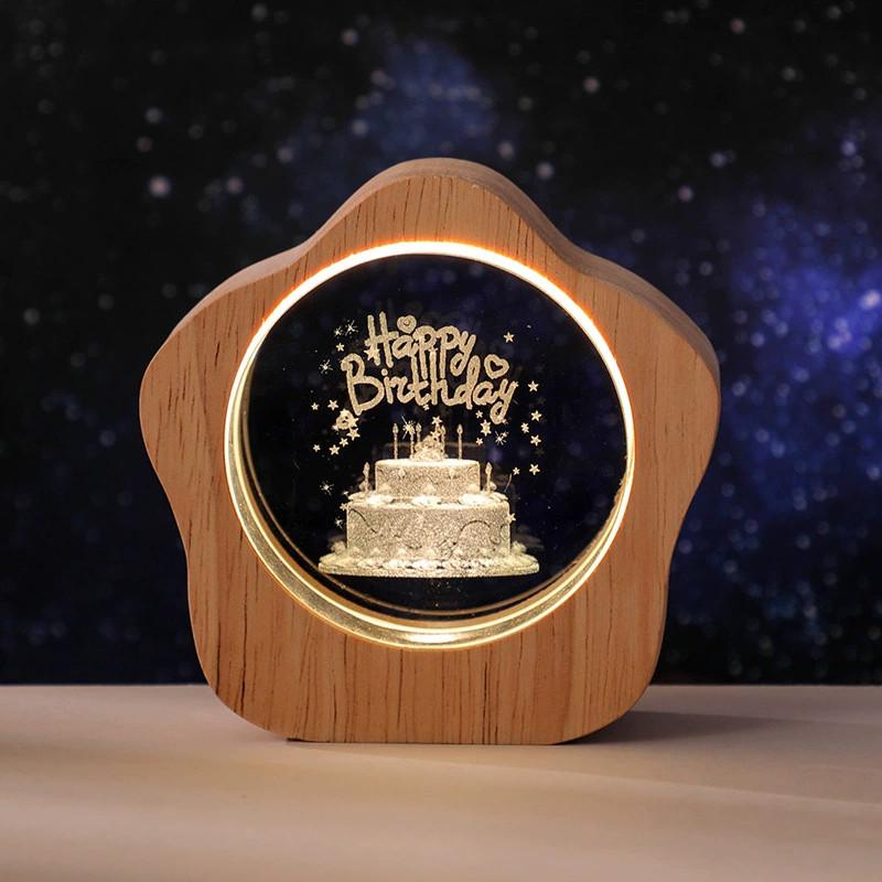 Crystal Desktop Luminous Ornaments Wooden Frame USB Night Light Gift