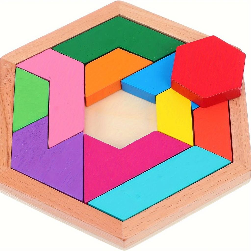 Hexagon Tangram Puzzle, Wooden Puzzle Toys for Children and Adults, Challenging Puzzles Wooden Brain Teasers Puzzle for Adults