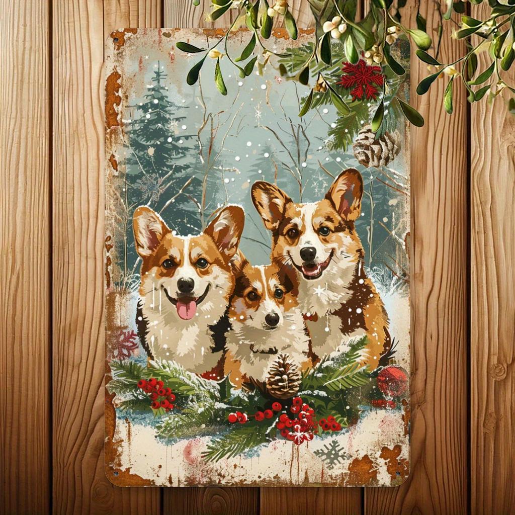 Vintage Christmas Corgi Metal Tin Sign - 8x12 Inch | Durable Iron Wall Art for Home, Gym, Cafe, Garage & Garden Decor | Easy-Han