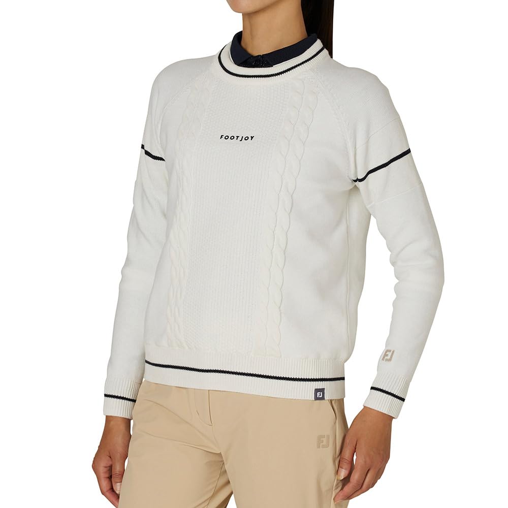 FootJoy Cable Print Long Sleeve Crew Neck Sweater with Windproof Size Lining, White, Women's, L, FJW-F24-M05, 32314-L