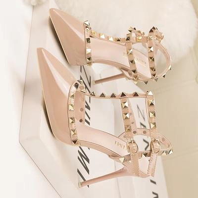 Fashion Fashion Sexy Women's Stiletto Heels Pointed Toe Shoes with Rivet Cutout Two-Strap Design Ladies Shallow Mouth Zapatos Mujer
