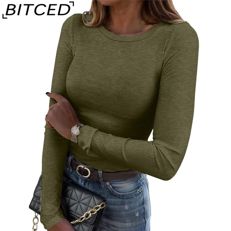 BITCED Women's Long-Sleeved Stretch O-Neck Ribbed T-Shirt Fitted Casual Basic Top