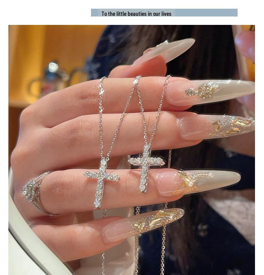 S925 Sterling Silver Cross Necklace with Full Diamond Pendant, Classic Pave Style, Versatile Fashion Clavicle Chain for Women.