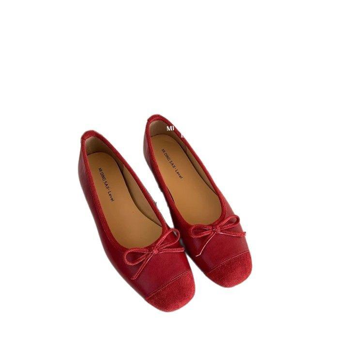 2025 Spring and Summer Single Shoes Women's Small Fragrant Style Bow Splicing Inner Height Increase Evening Breeze Commuting Soft-soled Ballet Shoes