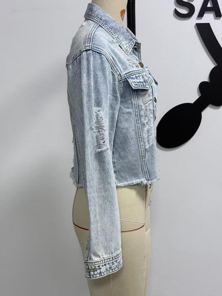 2026 Spring/Summer Women's Button Washed Ripped Raw Edge Denim Top