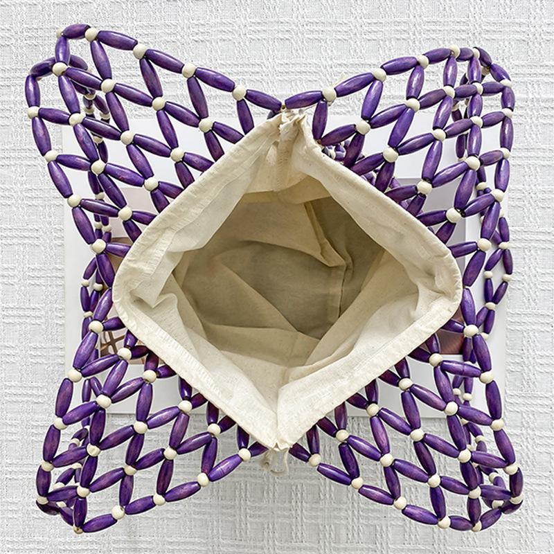 Wooden Beading Hollow-out Tote Bag for Holiday Travels Date Handmade Beaded Shoulder Bag Casual Beach Handbag for Women