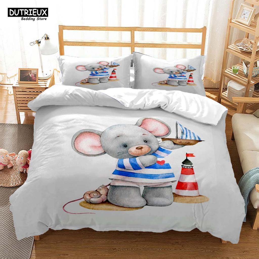 Lindo Juego de Cama de Tres Piezas con Estampado de Ratón de Dibujos Animados Suave y Cómodo Juego de Cama King Size Edredón Juegos de Cama