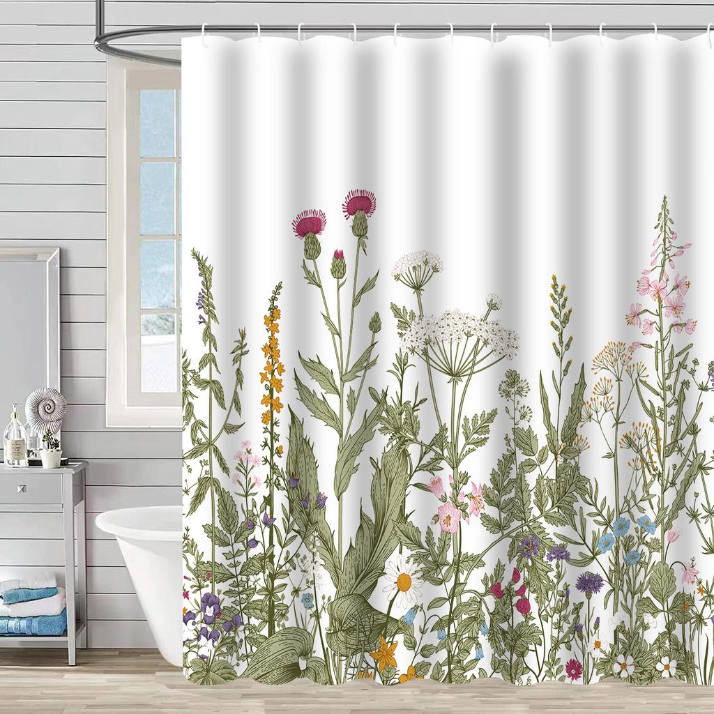 Green Plant Waterproof and Mildew-proof Polyester Bathroom Shower Curtain Shower Curtain Partition Curtain Free of Punching