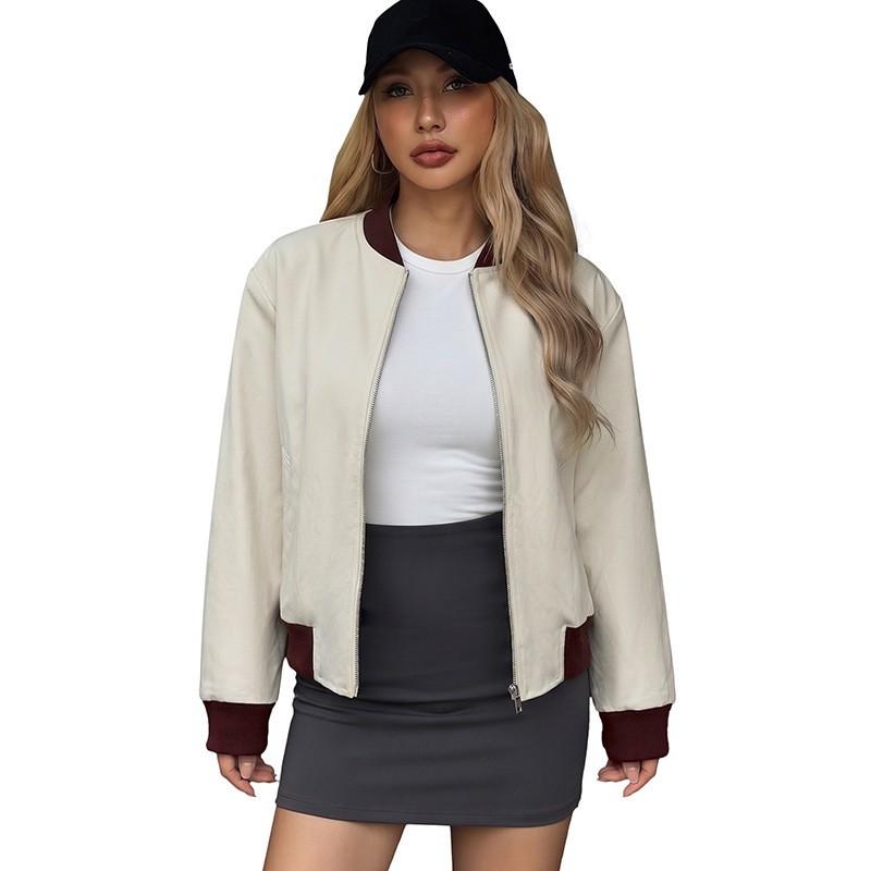 Womens Retro Stand Collar Oversized Jacket With Contrast Zip Pockets Fall Winter 2026
