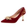 Red wedding shoes women's thin heels rhinestone wedding bride shoes autumn new high heels engagement show he wedding dress shoes