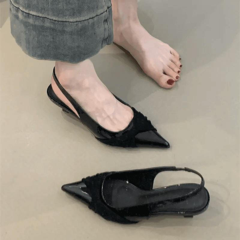 French pointed head temperament suede splicing bag head sandals wine glass heel summer new rear strap women's shoes commute