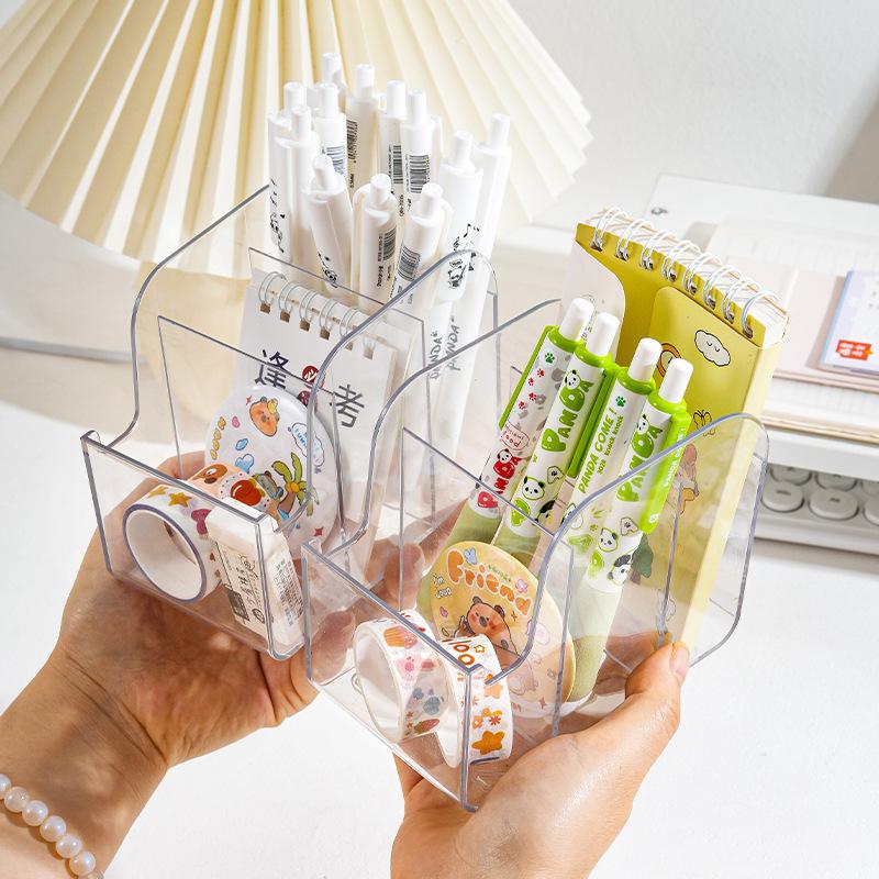Transparent Multi-compartment Pen Holder, Simple Large-capacity Storage Rack, Multi-functional Office Desktop Storage Box
