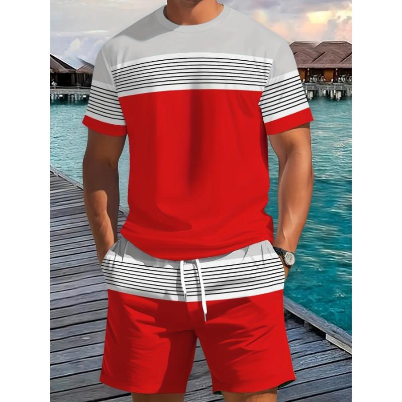 2026 Sommer Neuankunft Herren Freizeit Zweiteiler Set Gestreifter Print Kurzarmhemd und Sportshorts Set Herren Fitness Set