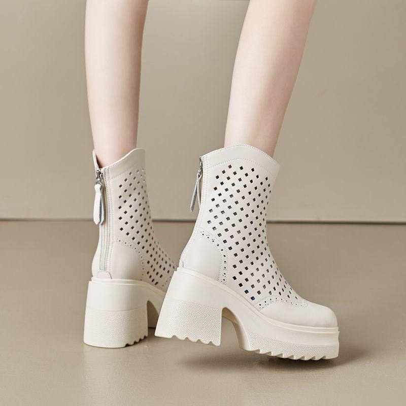 Fashion 10CM Thick High Heels Women Summer Ankle Boots Microfiber Leather Ladies Hollow Short Boot Shoes Woman Basic Booties