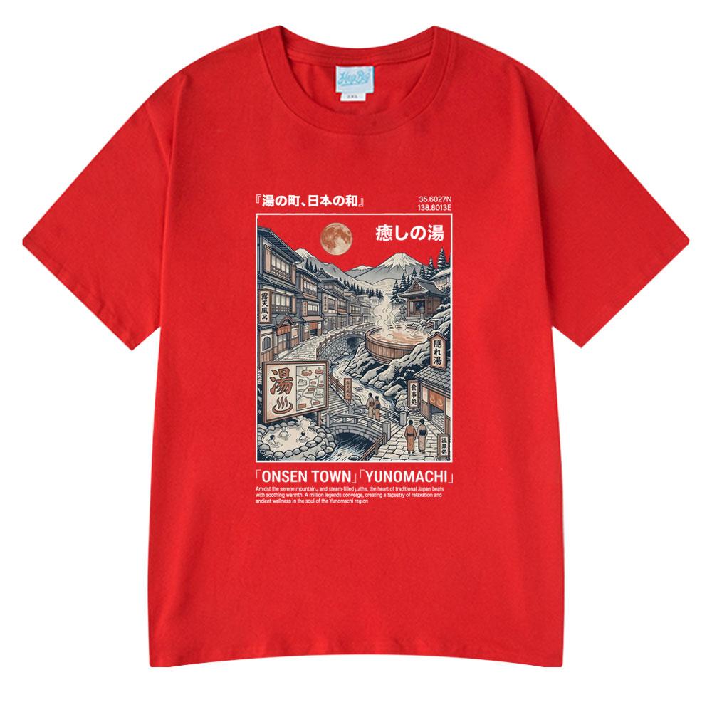 

Onsen Town Yunomachi T-shirt Retro Japanese Style Hot Spring Illustration T Shirt Summer Couple Cotton Casual Tshirts Streetwear S