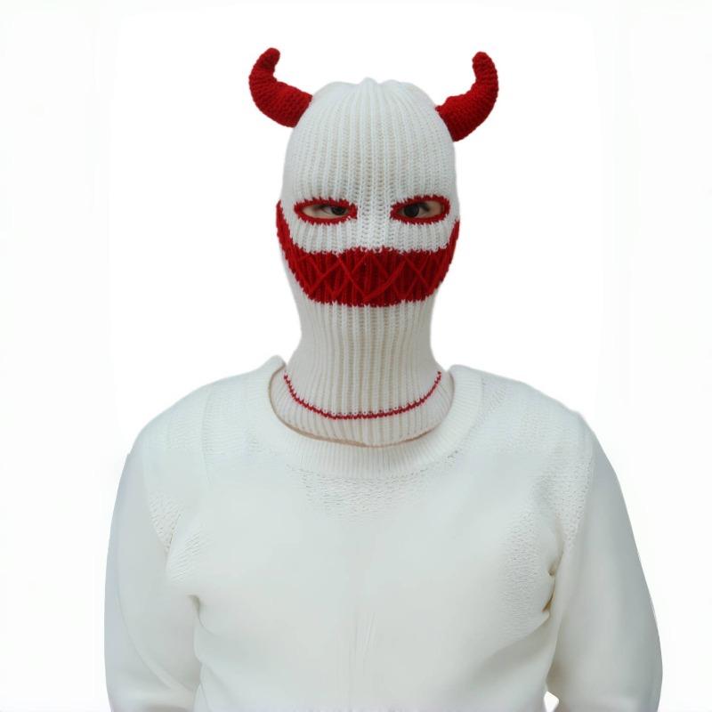 

Хэллоуин смешная маска вязаная маленький дьяволенок угловая накладка пришитая смайлик персонализированная шапка осень и зима теплая шерстяная шапка красный