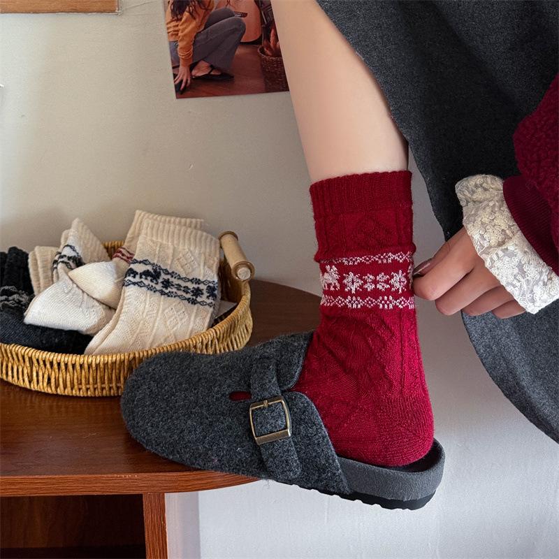 Wool Socks for Women, Mid-calf Socks for Autumn and Winter, Thickened Cashmere for Warmth, Christmas Snowflake Reindeer Long Calf Socks