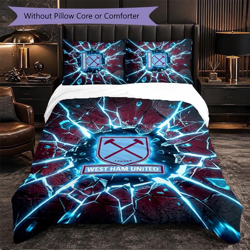 West Ham United Football 3 Piece Bedding Set Soft Duvet Cover Set with Pillowcases Printed Bedroom Decor Set for Home
