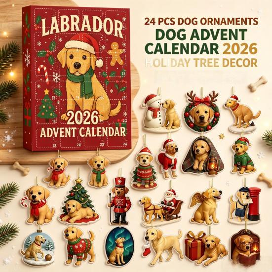 Feiertags-Hängeanhänger 2026 Labrador Adventskalender, 24 Tage 2D Flache Acryl-Hunde-Ornamente Weihnachtsbaum-Dekoration Countdown Sammlerstück