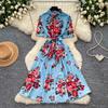 New Summer Beach Gorgeous Floral Midi Dress Shirt Women Single Breasted Belt Lace Up Short Sleeve Long Party Dresses Office Lady