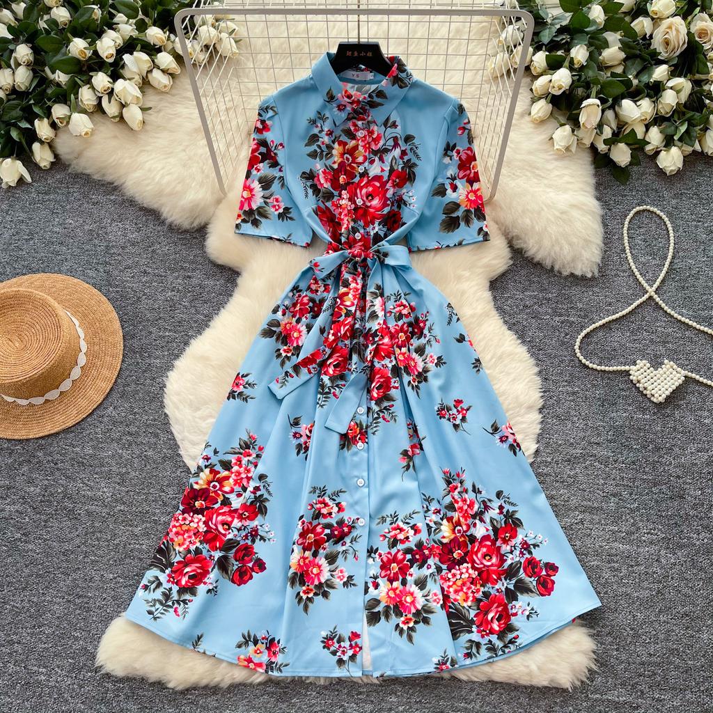 New Summer Beach Gorgeous Floral Midi Dress Shirt Women Single Breasted Belt Lace Up Short Sleeve Long Party Dresses Office Lady