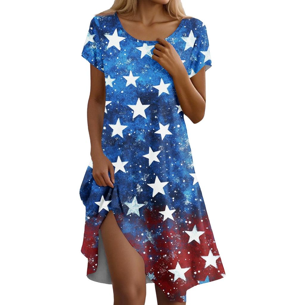 Short Sleeve Boho Dress For Women Casual Loose Fit Summer Sundress Print Dress With Pockets
