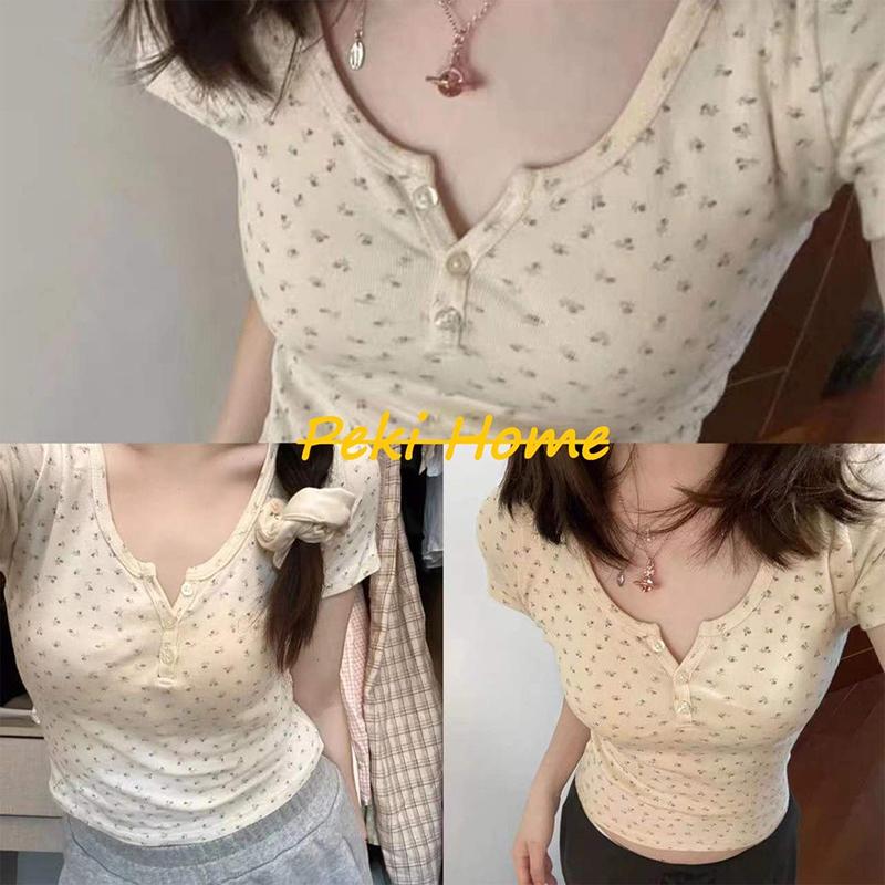 Fahion Women's Summer U-neck Floral Short-sleeved Y2k Sexy Top Slim-fit Versatile Ladies Thin Short T-shirt