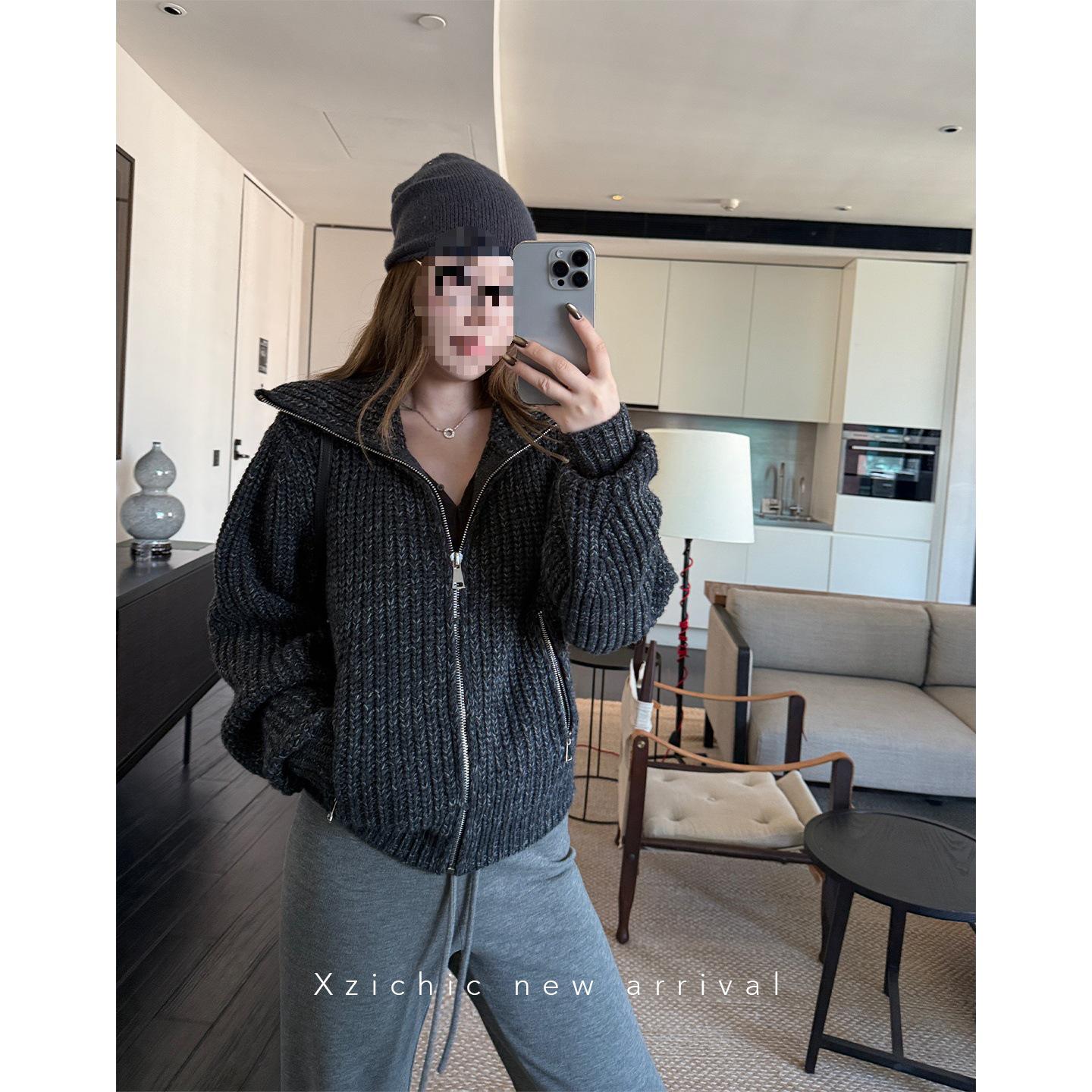 

LEMI*RE Lazy Style Wool Knit Cardigan: Loose High-Neck Sweater Coat for Autumn/Winter XL