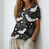 Women's Fashion Henley Neck Single Breasted Shirt Halloween Themed Print Short Sleeve Casual Top for Daily Wear