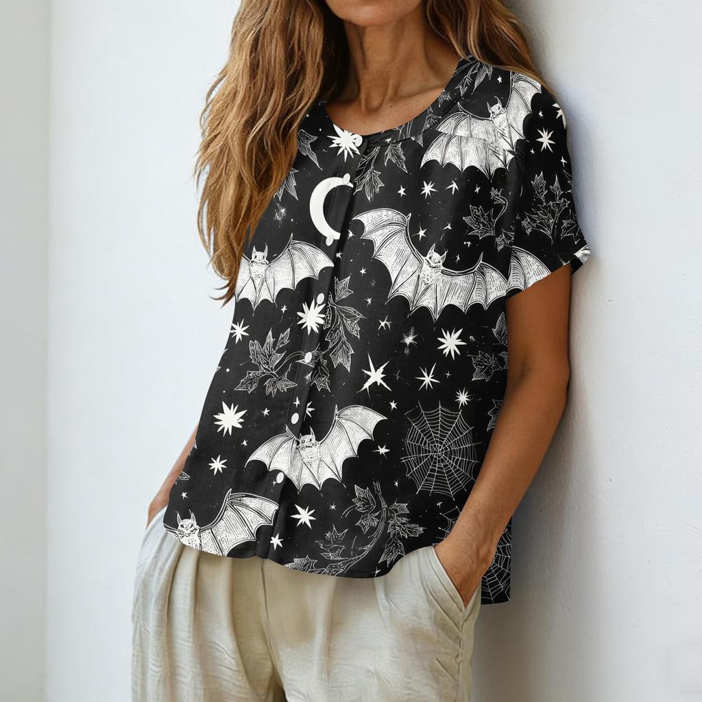 Women's Fashion Henley Neck Single Breasted Shirt Halloween Themed Print Short Sleeve Casual Top for Daily Wear