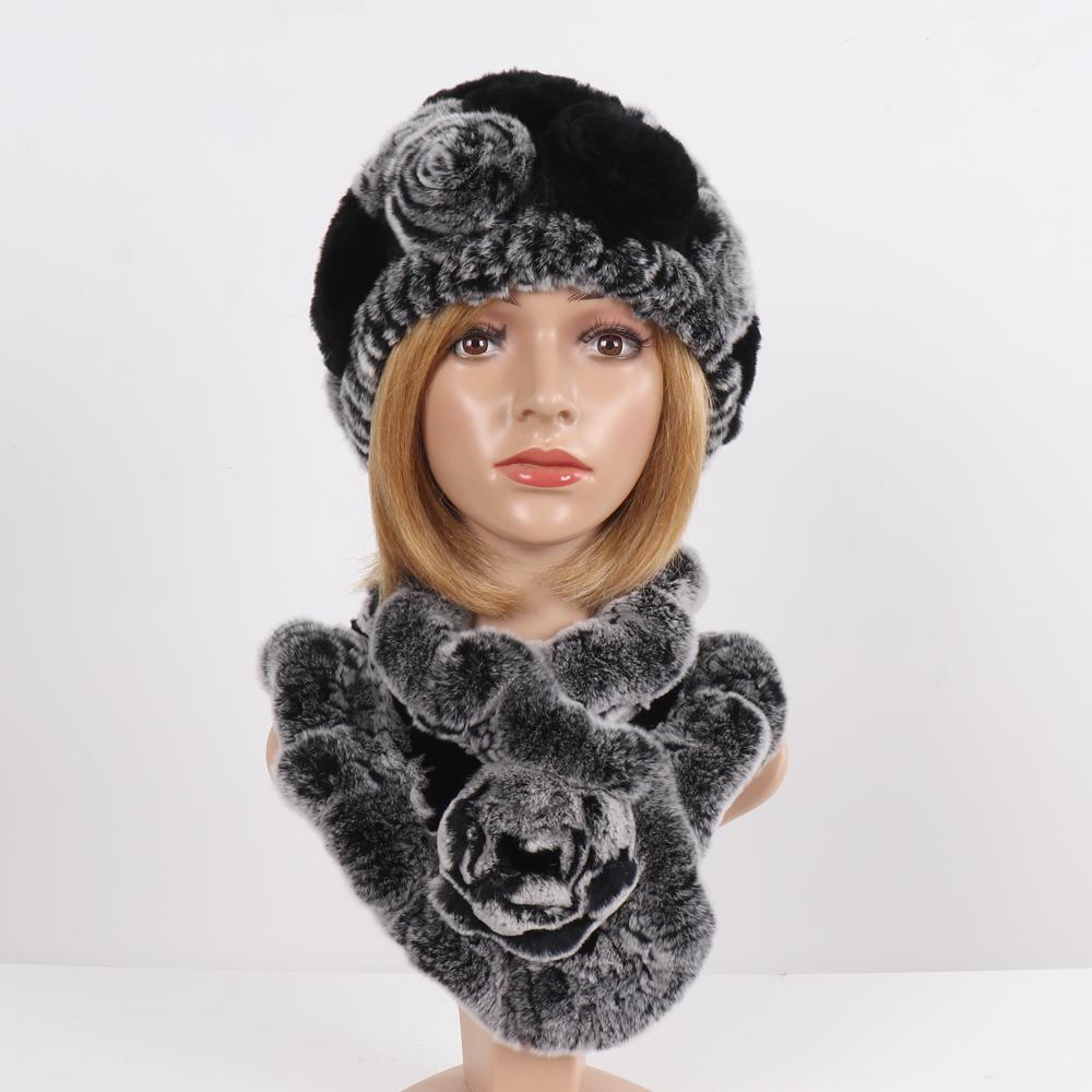 Нові Жіночі Зимові Хутряні Шапки Шарфи Набори Натуральні Теплі Справжні Шапки з Хутра Кролика Рекс Шарфи Леді В'язані Шапки з Натурального Хутра Шарф