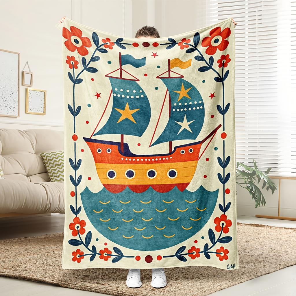 Soft Nautical Theme Fleece Blanket - All-Season 100% Polyester Bedspread with Maritime Design (Sailing Ships, Anchors, Lighthous