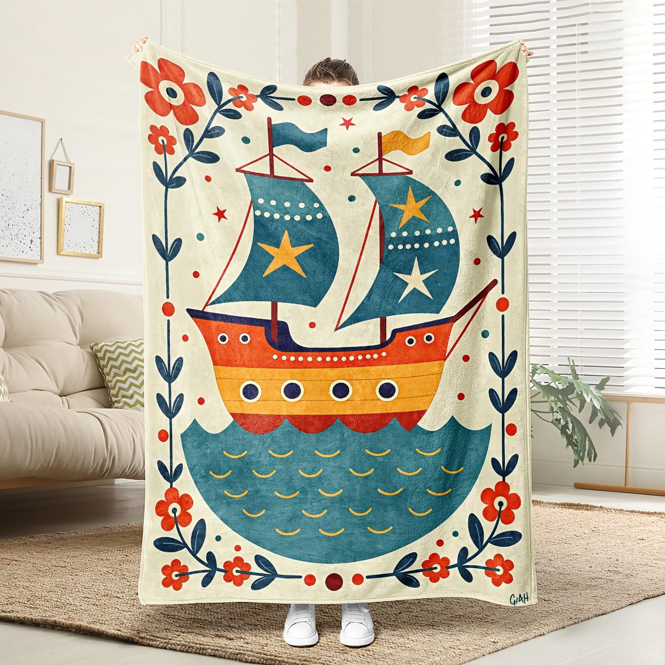 

Soft Nautical Theme Fleece Blanket - All-Season 100% Polyester Bedspread with Maritime Design (Sailing Ships, Anchors, Lighthous 130x150cm51x59in