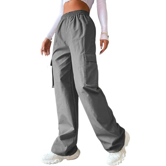 Damen Cargohose mit elastischem Bund, weites Bein, einfarbige Hose, lässige Jogginghose mit seitlicher Klappentasche
