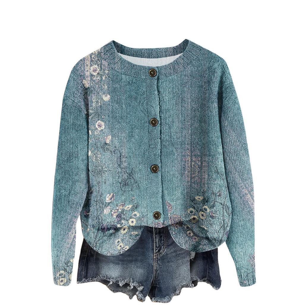 Women's Vintage Knit Button Retro Geometric Print Cardigan Jacket