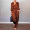 Completo Primaverile Sottile in Raso Largo Moda Vita Elastica Dritto Abbigliamento da Ufficio Casual da Donna Top a Maniche Lunghe con Scollo a V e Set Pantaloni