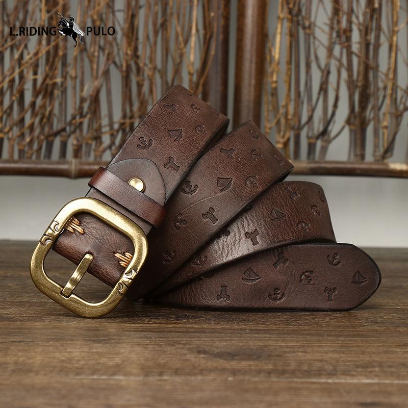 Korean Style Personalized Machine Embossed Vegetable Tanned Belt Men's Genuine Leather Pure Cowhide Pin Buckle Belt