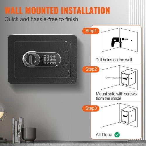 VEVOR Safe, 14.2 L Home Safe, Steel Security Safe with Digital Keypad and 2 Keys, Wall-Mounted Cabinet Safe Protect Cash, Gold, Jewelry