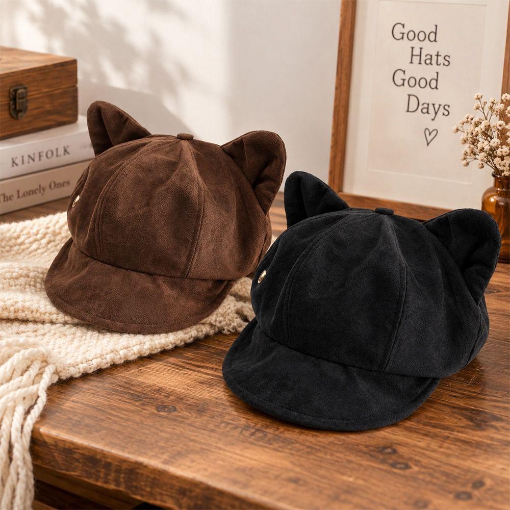 Solid Color Cat Ears Hat Suede Beret Hat Fashion Peaked Cap  Autumn Winter