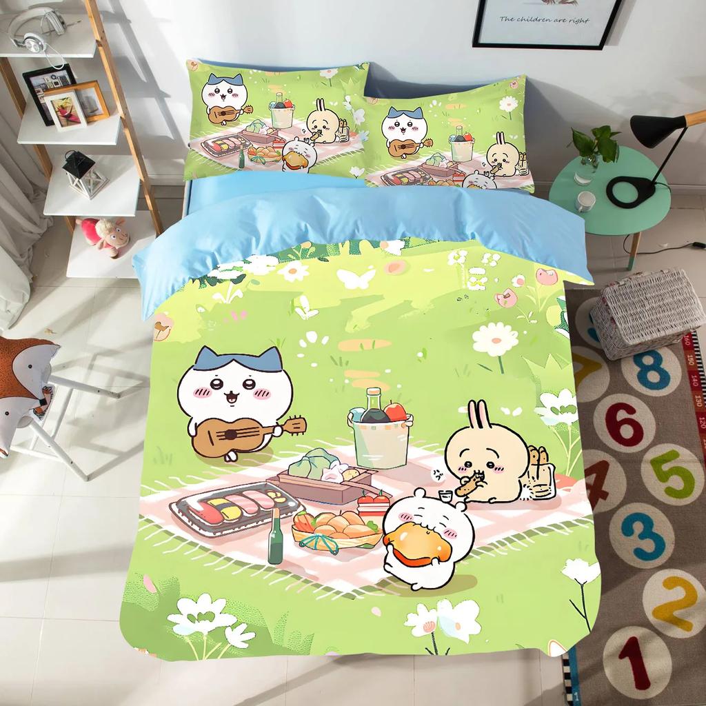 Cartoon Chiikawas Cute Themed Bedding Set Colorful Print Polyester Student Dormitory Bed Sheet Quilt Cover Kid Gift Home Textile