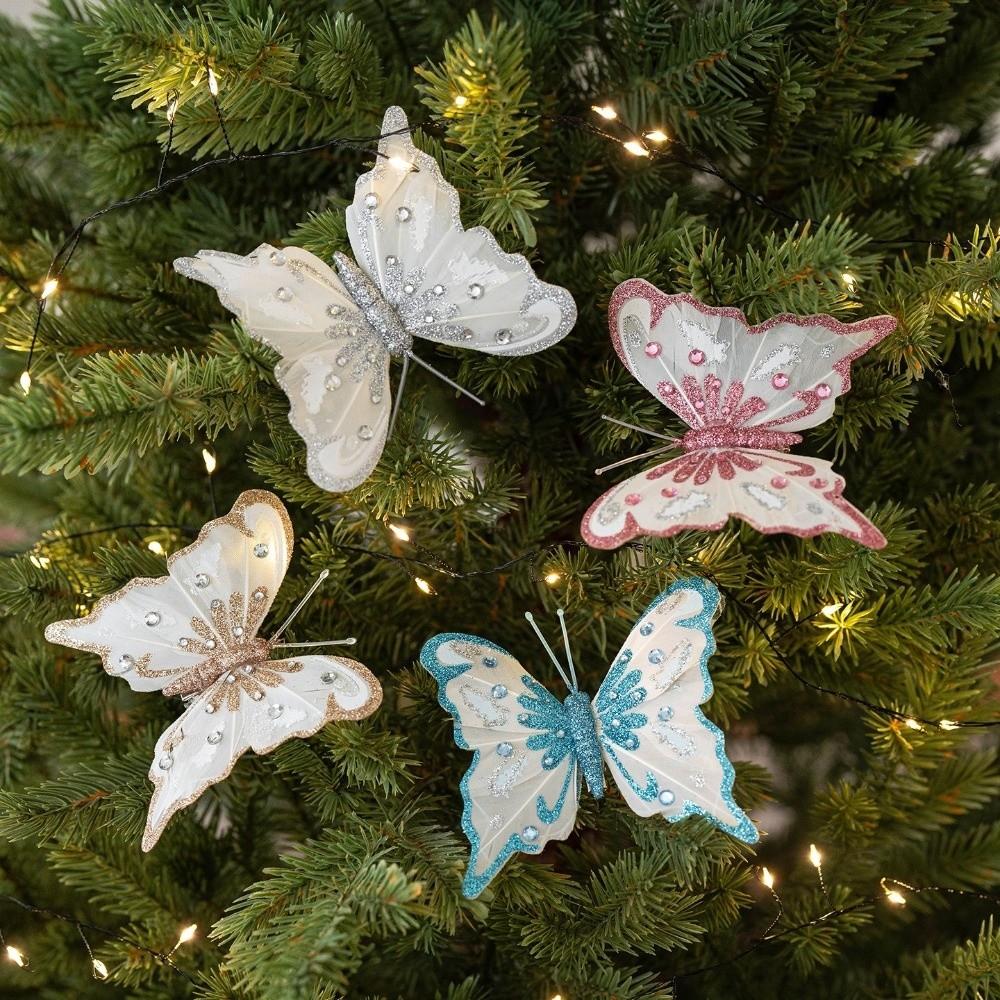 With Clip Christmas Tree Hanging Decor Glitter Simulation Butterfly Decoration  Xmas Tree Decor