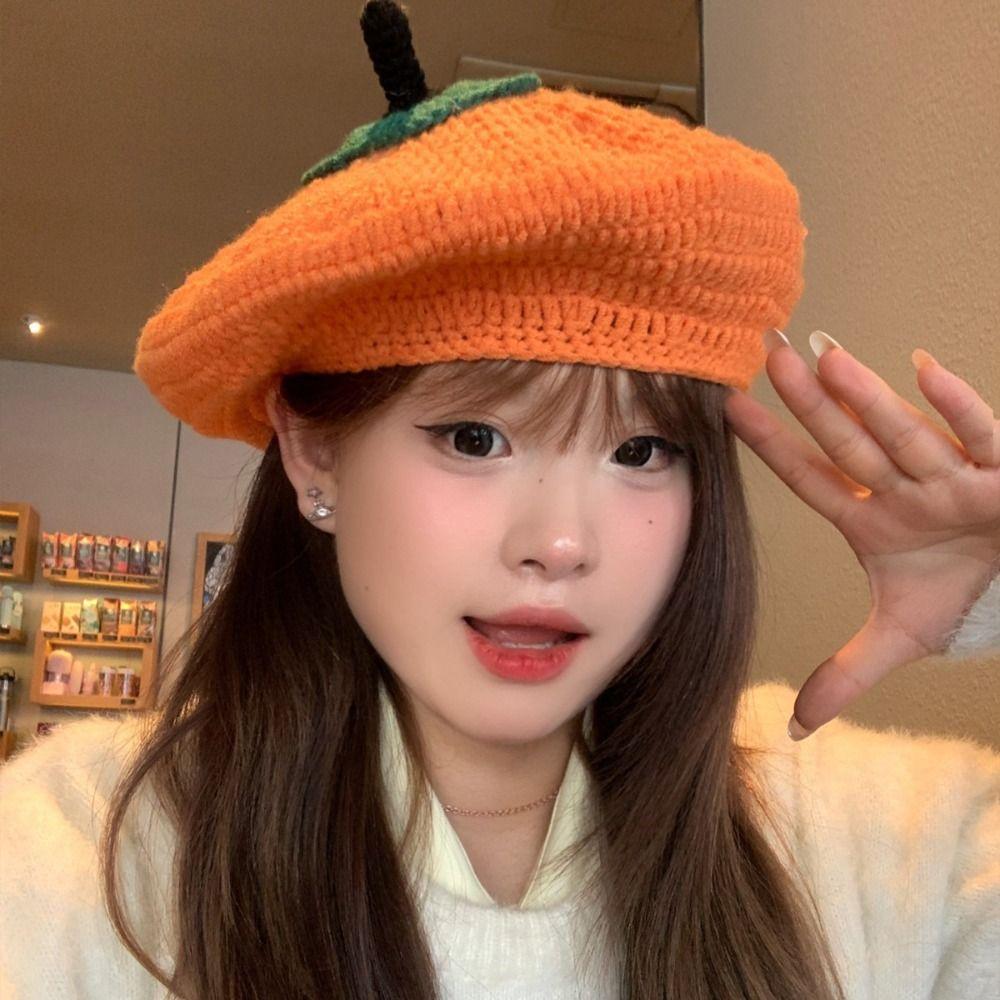 Japanese Persimmon Beret Kawaii Y2K Painter Hat Personality Knitted Hat  Women