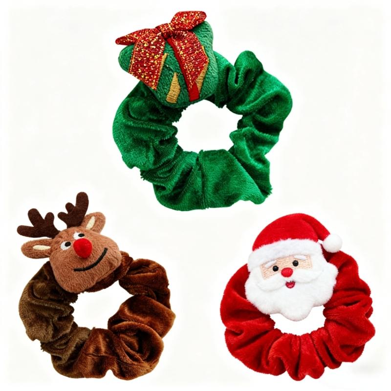 

3PCS Soft Flannel Hair Ties Christmas Hair Tie with Elk Santa Tree for Comfortable Christmas Styling and Daily Wear