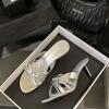 Leather silver with skirt thick heel bow one-word slippers women's summer wear French high-heeled cool slippers