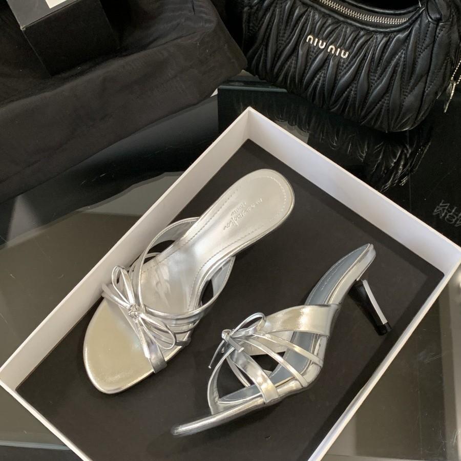 Leather silver with skirt thick heel bow one-word slippers women's summer wear French high-heeled cool slippers