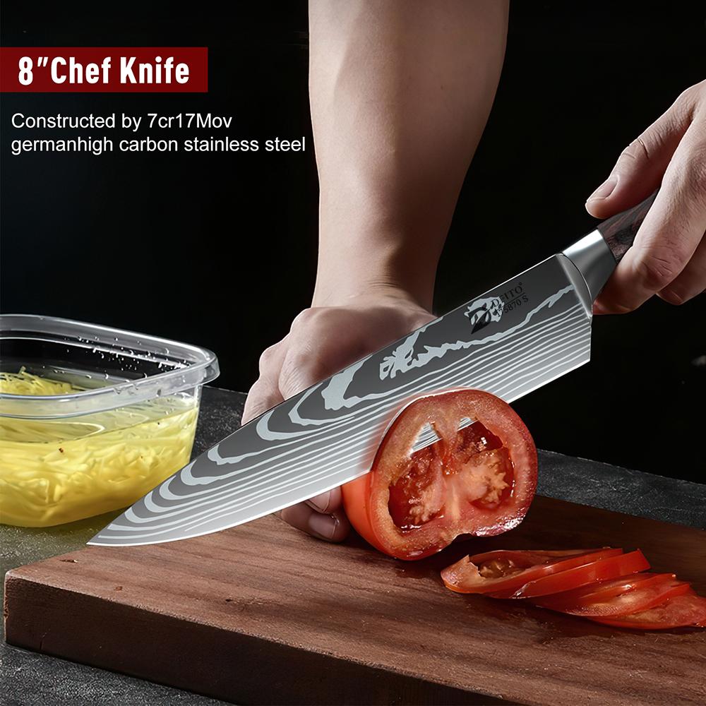 8pcs Professional Chef Knife Set with Roll Bag High Carbon Stainless Steel Kitchen Knife with Knife Sharpener, Dishwasher Safe