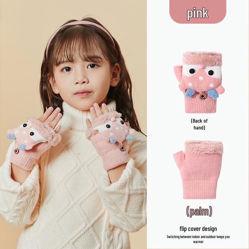 Kinder Rentier Fleece-gefütterte Fäustlinge mit Klappe, Gestrickt für Wärme, Halbfinger-Stil, Ideal zum Schreiben, Alter 3-10 Jahre, Herbst/Winter.