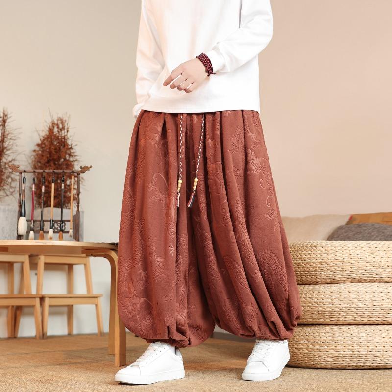 Autumn and Winter New Style Chinese Style Dragon Pattern Dark Warm Oli Velvet Sherpa Wide Leg Leggings Pants for Men
