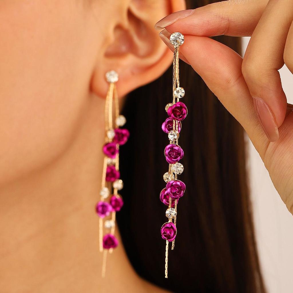 Luxury Flower Diamond Tassel Long Earrings: Elegant Alloy Leaf Design