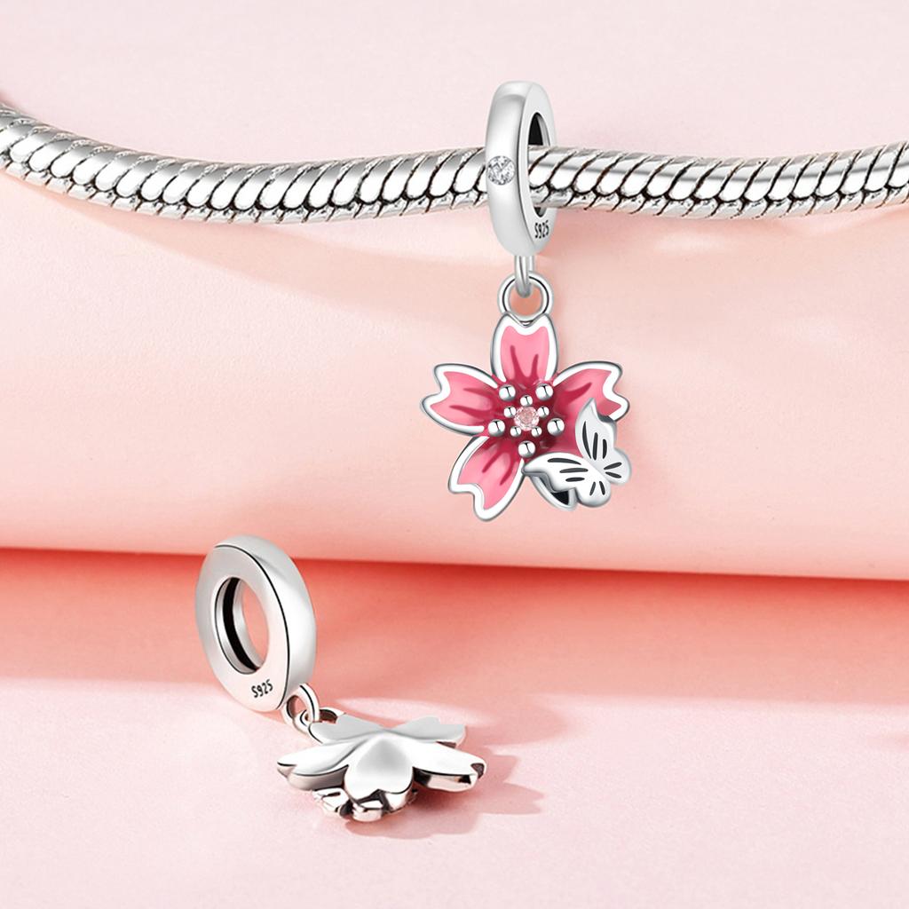 Anniversary Copper Charms Pink Flower Heart Beads Fit Bracelet Necklace Bead Jewelry Making Fine Jewelry Gift